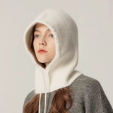 INS Winter Womens Hats Real Rabbit Fur Knitted Hooded Neck Collar Cap Beanie For Men Women One-Piece Hats Skullies Balaclava Cap